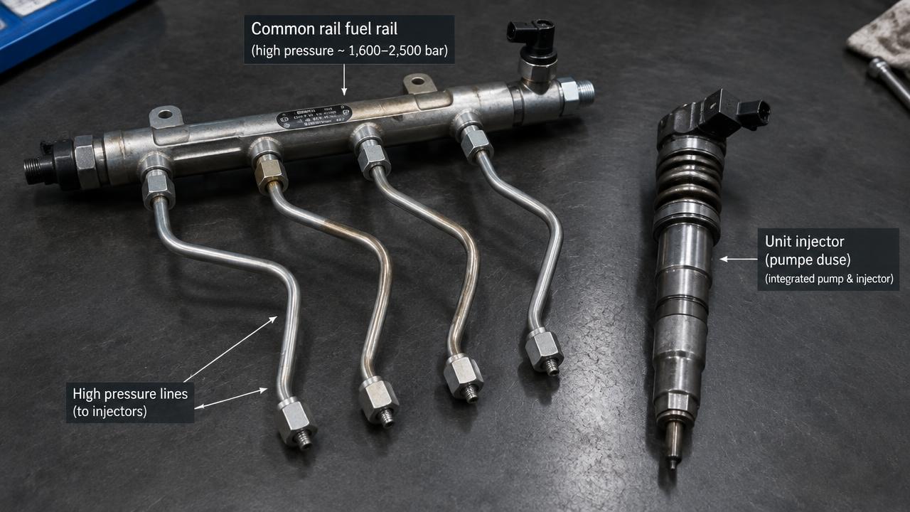 Common rail-ramp med högtrycksrör jämförd med pumpdysa (PD) för diesel
