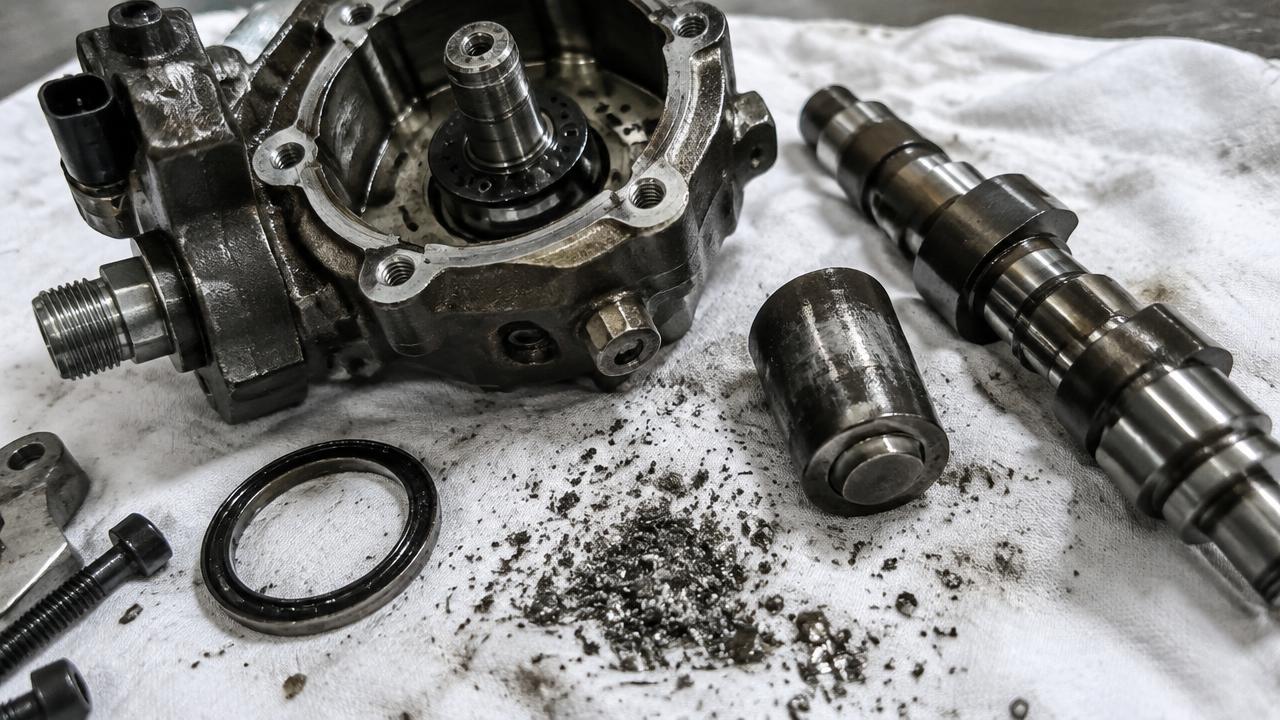 Havererad Bosch CP4 högtryckspump med sliten kamföljare och metallspån