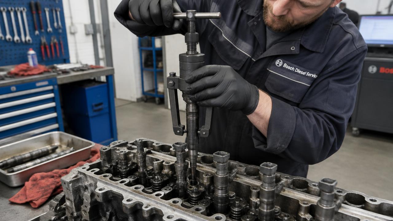 Spridarbyte på dieselmotor – dieselspridare dras ur topplocket med avdragarverktyg