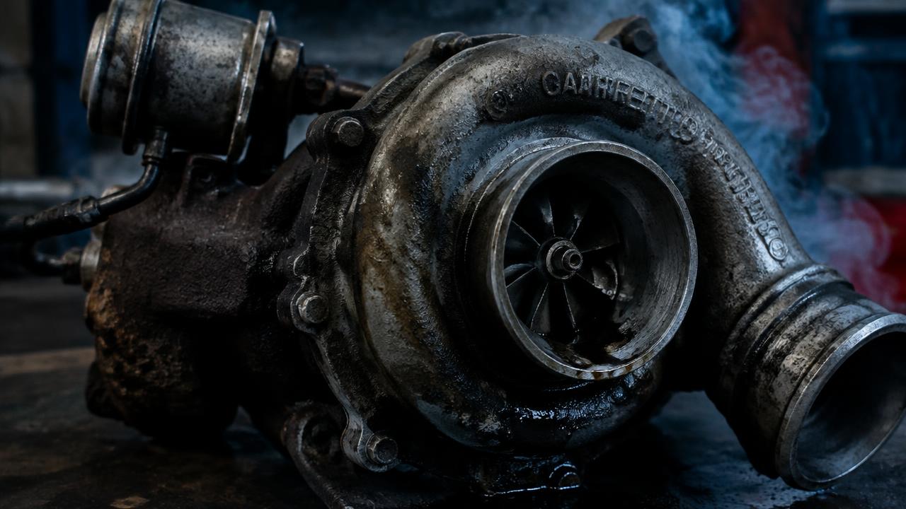 Trasig turbo med oljeläckage och blå rök – typiska symptom på turbohaveri i dieselmotor