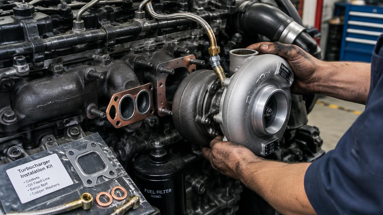Mekaniker byter turbo på dieselmotor med ny oljeledning och nya packningar