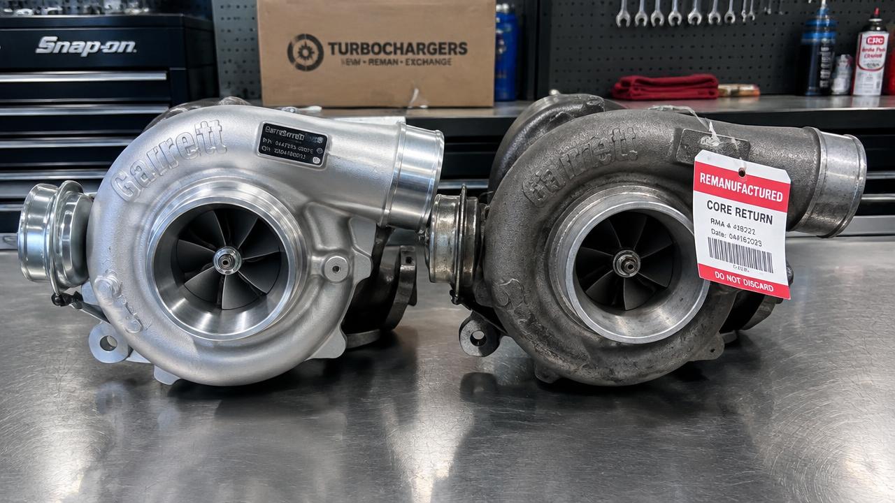 Ny turbo bredvid utbytesturbo med returetikett – jämförelse mellan ny turbo och bytesturbo